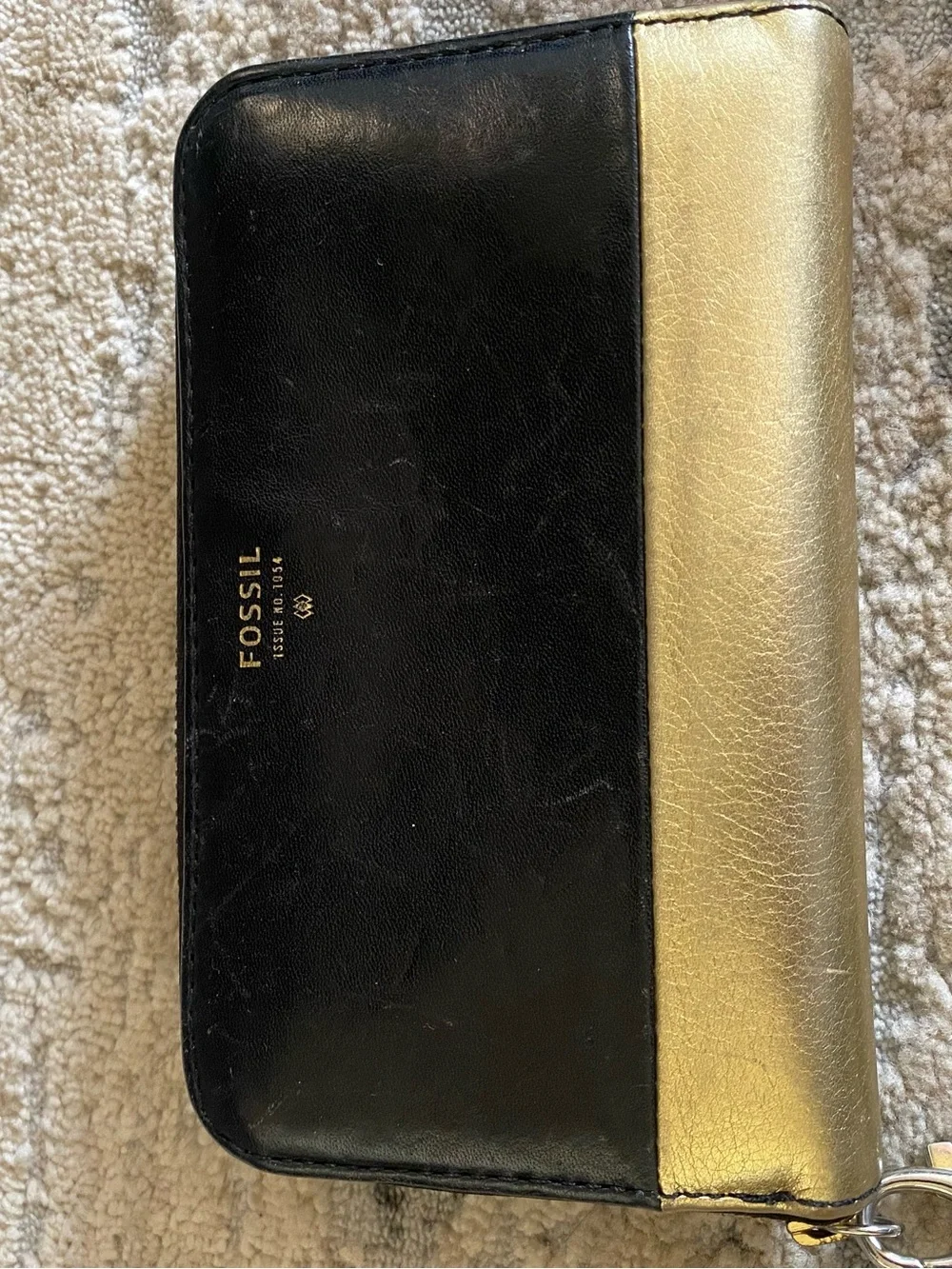 Fossil Black and Gold Color Block Leather Wristlet Wallet Zip Around Coin Purse
